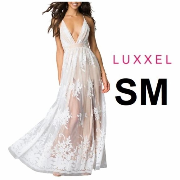 Luxxel, Women’s Long V-Neck Illusion Open Back Dress - White/Nude. Size: S. NWT - Picture 2 of 16